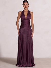 A-Line/Princess Evening Dresses Floor Length Halter V Neck Burgundy Sleeveless Runched Pleated Lace Up Sparklely Formal Wedding Guest Dress