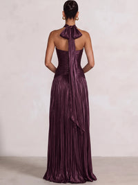 A-Line/Princess Evening Dresses Floor Length Halter V Neck Burgundy Sleeveless Runched Pleated Lace Up Sparklely Formal Wedding Guest Dress