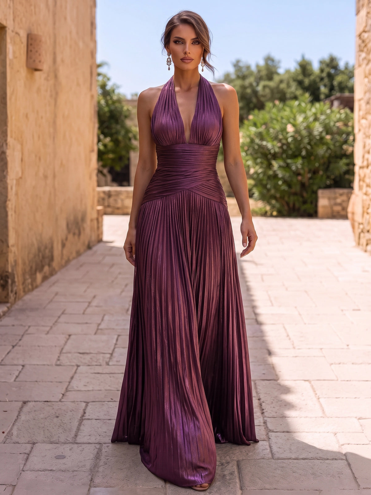 A-Line/Princess Evening Dresses Floor Length Halter V Neck Burgundy Sleeveless Runched Pleated Lace Up Sparklely Formal Wedding Guest Dress