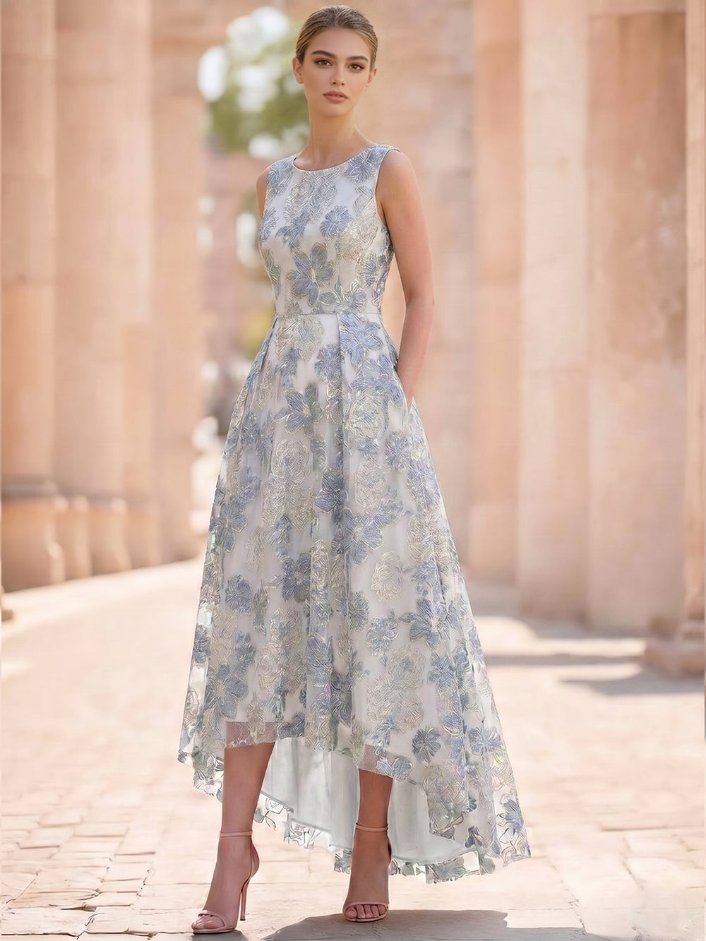 A-Line/Princess Floral Cocktail Dresses Sleeveless Semi-Formal Dress with Pocket For Mother Of The Bride