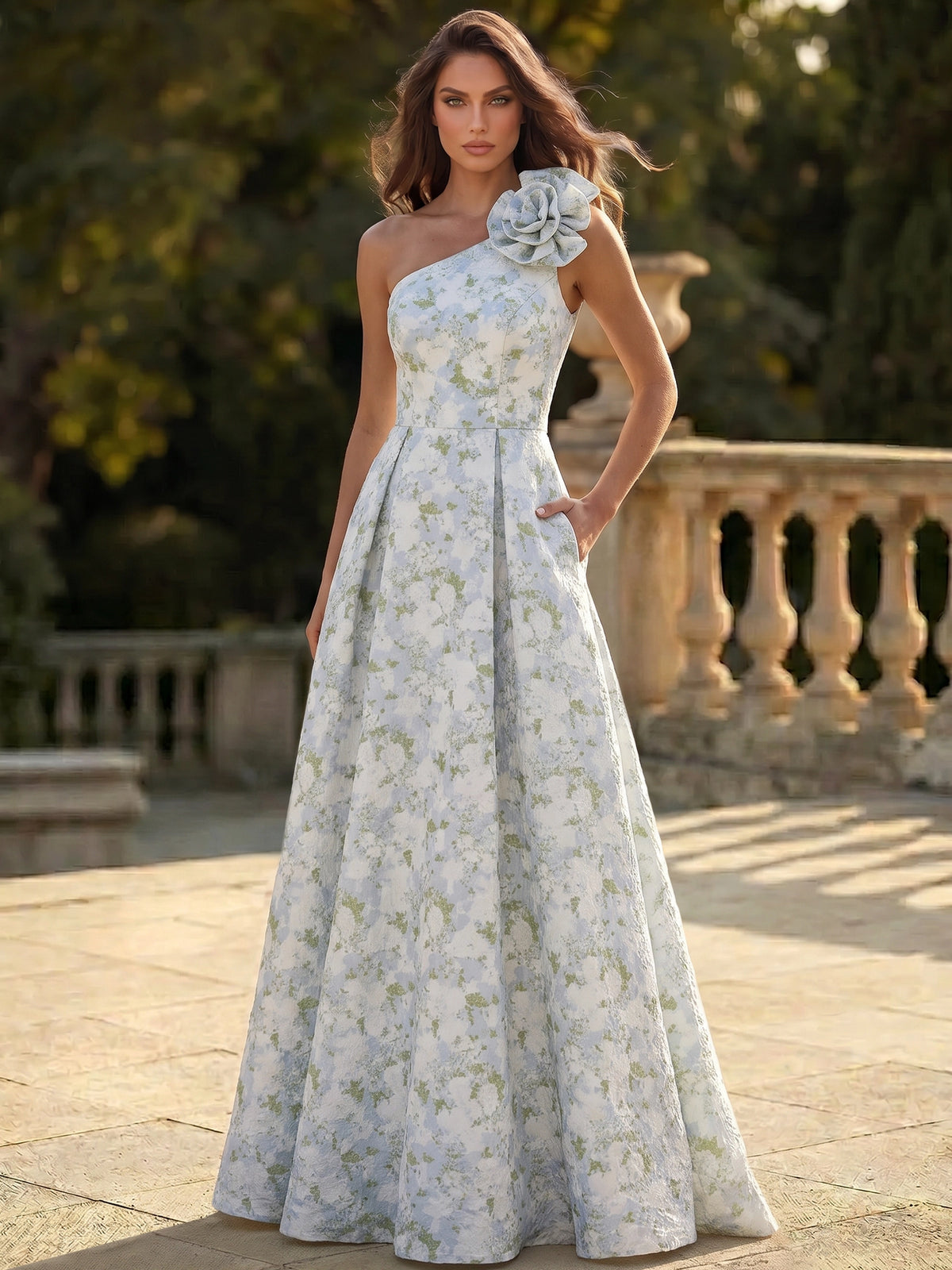 Nafori Light Blue A-Line/Princess Evening Dresses Elegant Floral Dress Formal Dresses Printed Satin One-Shoulder With 3D Flowers Sleeveless Floor