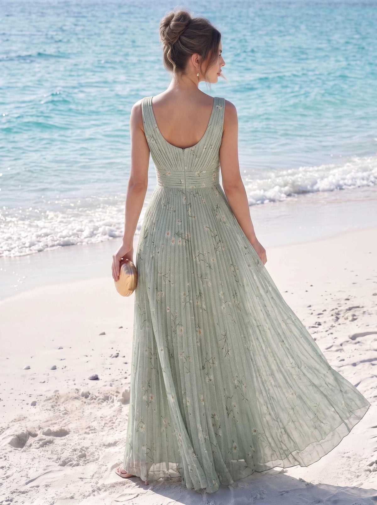 A-Line/Princess Evening Dresses Printed Chiffon V Neck Sleeveless Floor-length Pleated Summer Party Dress