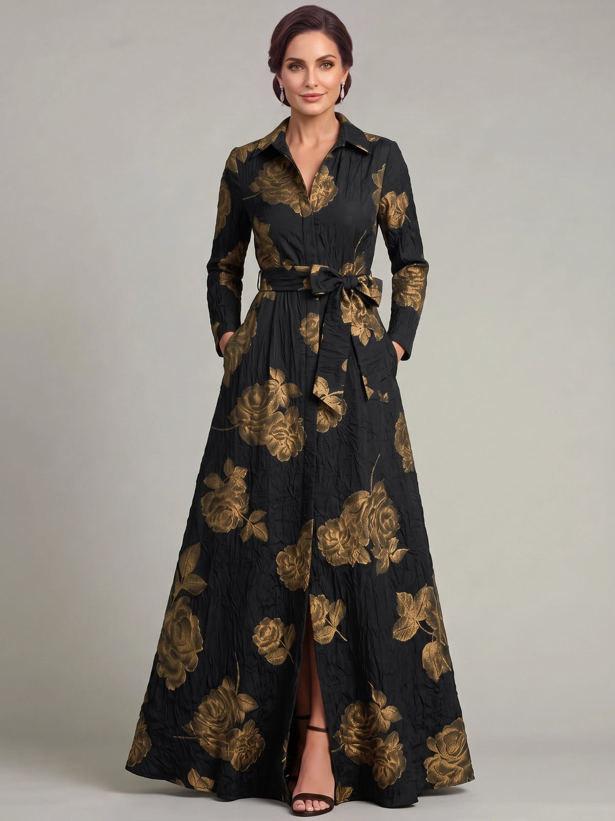 A-Line Mother Of The Bride Dress Evening Gown Long Sleeves V Neck Formal Dress Jacquard Engagement Wedding Guest Dress With Slits