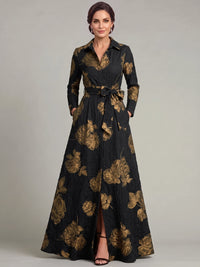 A-Line Mother Of The Bride Dress Evening Gown Long Sleeves V Neck Formal Dress Jacquard Engagement Wedding Guest Dress With Slits