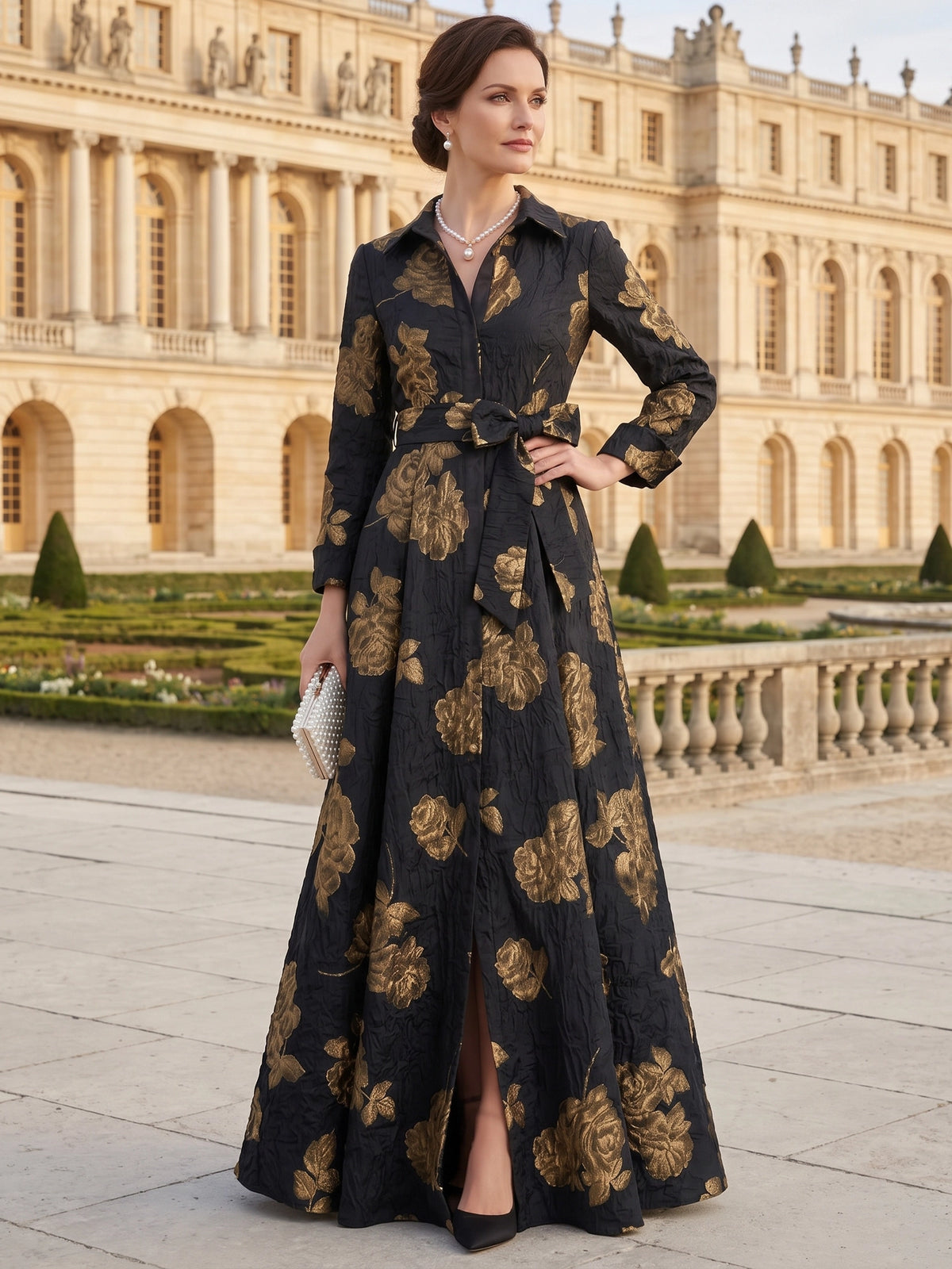 A-Line Mother Of The Bride Dress Evening Gown Long Sleeves V Neck Formal Dress Jacquard Engagement Wedding Guest Dress With Slits
