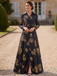 A-Line Mother Of The Bride Dress Evening Gown Long Sleeves V Neck Formal Dress Jacquard Engagement Wedding Guest Dress With Slits