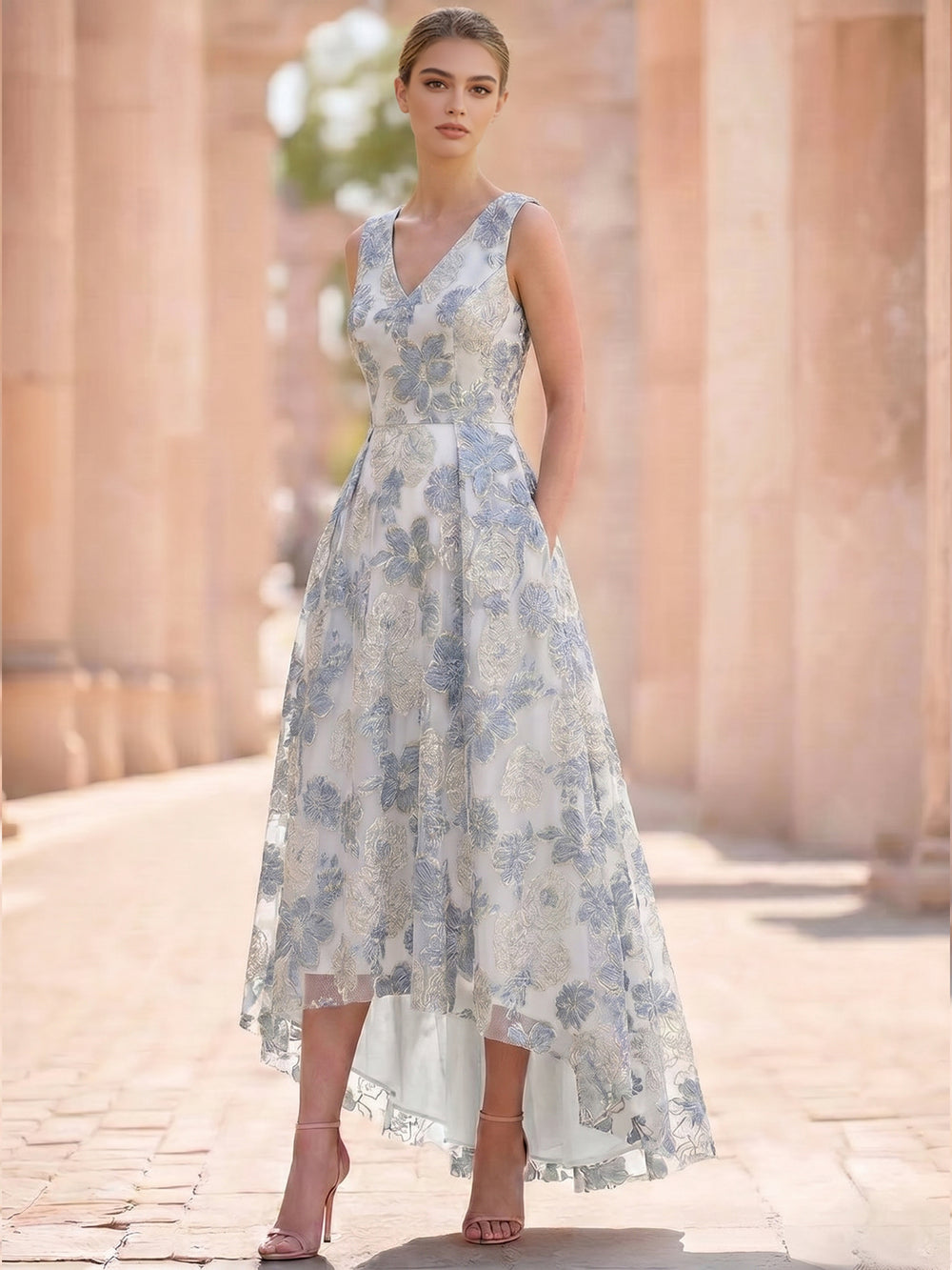 A-Line/Princess Floral Cocktail Dresses V Neck Sleeveless Semi-Formal Dress with Pocket For Mother Of The Bride
