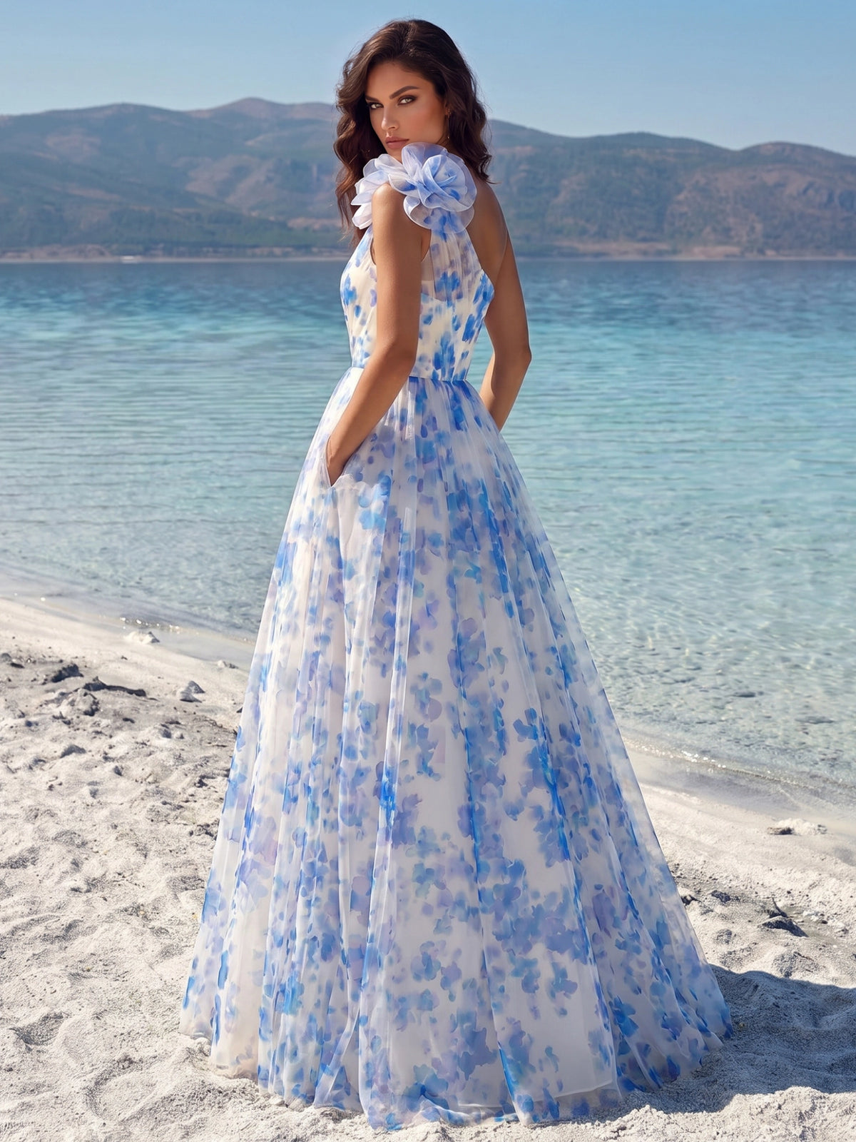 Nafori Blue A-Line/Princess Evening Dresses Printed Chiffon Pleated Floor-Length Sleeveless One-Shoulder With 3D Flowers Wedding Guest Dresses Summer