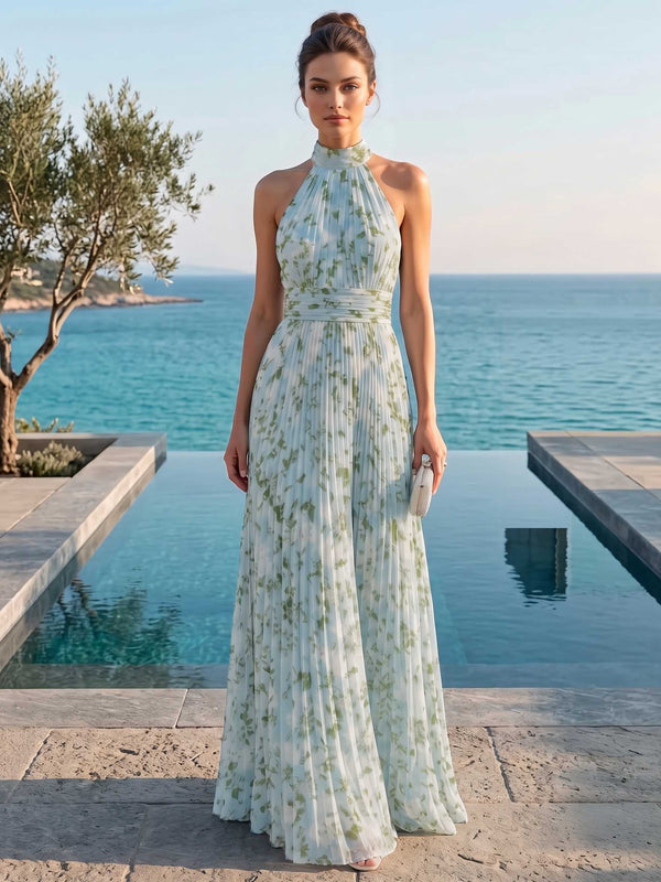 A-Line/Princess Evening Dresses Printed Chiffon Halter Sleeveless Floor-length Foemal Pleated Dress