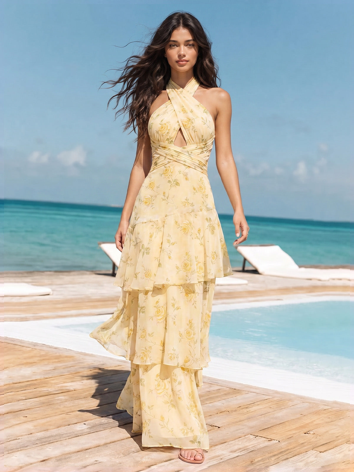 A-Line/Princess Evening Dresses Printed Chiffon Halter Sleeveless Floor-length Tiered Ruffles Hollow Bowknot