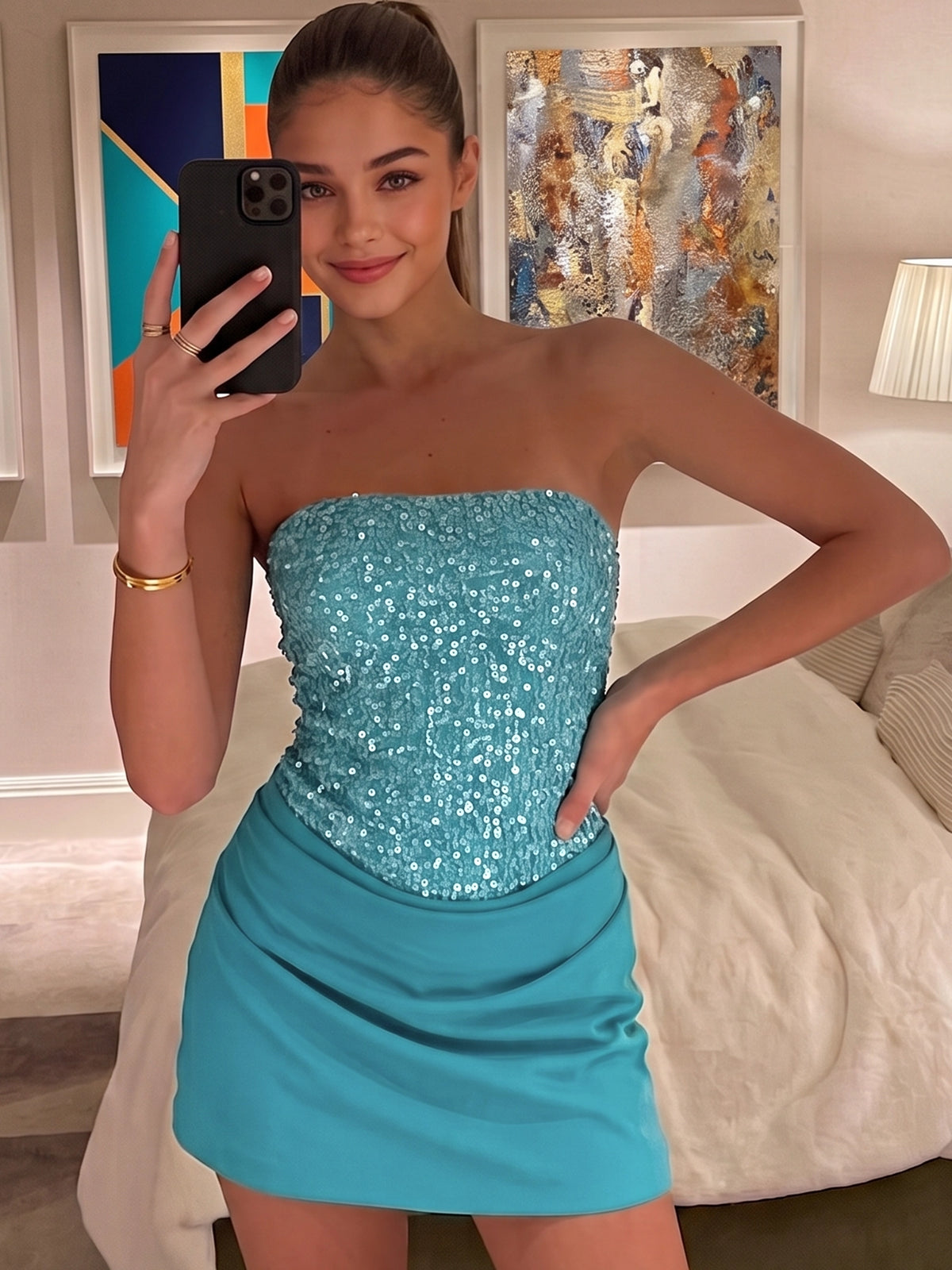 Sheath/Column Homecoming Dresses Sequins Short/Mini Strapless Sleeveless Runched Party Dress
