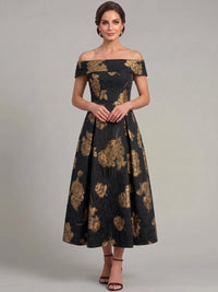 A-Line Mother Of The Bride Dress Sleeveless Off The Shoulder Formal Dress Black Off The Shoulder Jacquard Engagement Wedding Guest Dress