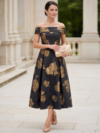 A-Line Mother Of The Bride Dress Sleeveless Off The Shoulder Formal Dress Black Off The Shoulder Jacquard Engagement Wedding Guest Dress