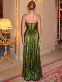 Sheath/Column Evening Dresses Olive Green Metallic Satin Strapless Floor Length Sleeveless Sparkly Formal Party Wedding Guest Dress