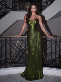 Sheath/Column Evening Dresses Olive Green Metallic Satin Strapless Floor Length Sleeveless Sparkly Formal Party Wedding Guest Dress