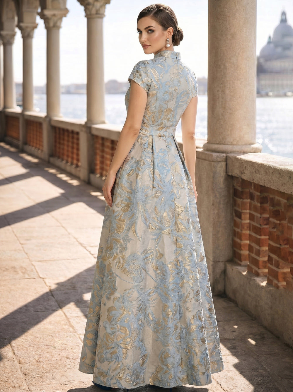 A-Line/Princess High Neck Short Sleeves Floor-Length Mother of the Bride Dresses with Belt and Split Side