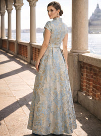 A-Line/Princess High Neck Short Sleeves Floor-Length Mother of the Bride Dresses with Belt and Split Side
