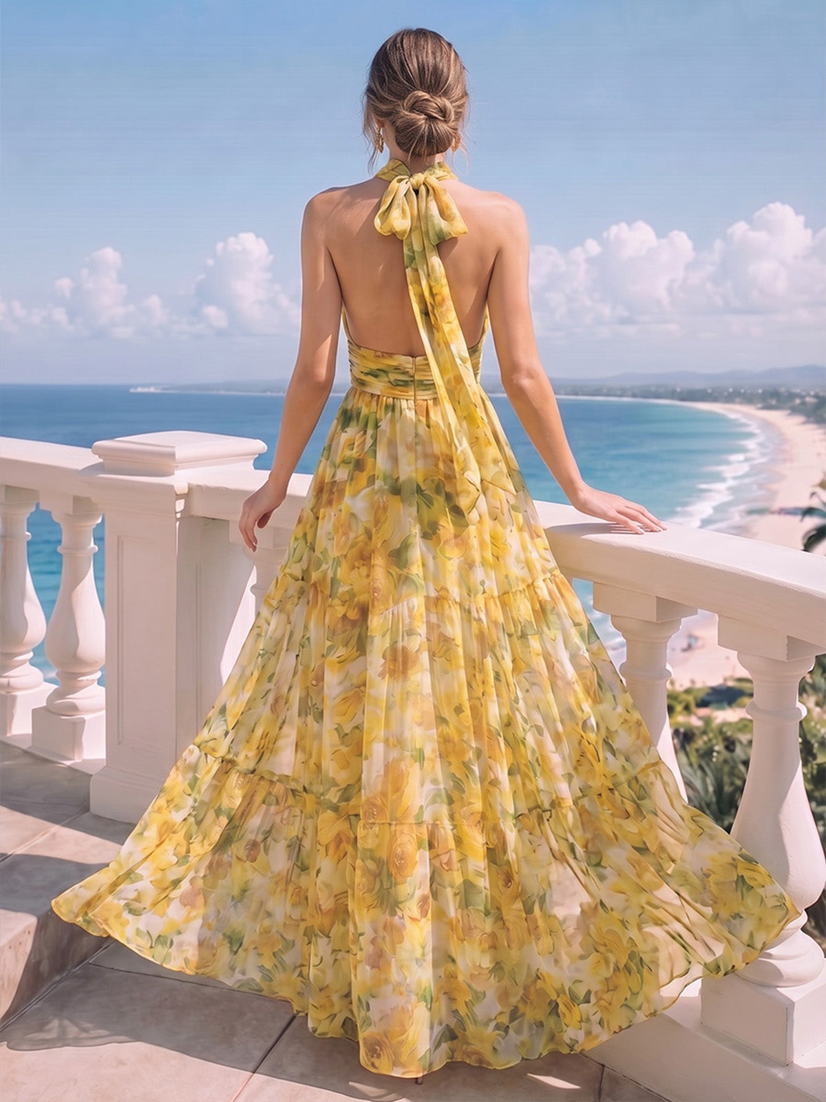 A-Line/Princess Evening Dresses Printed Chiffon Halter Sleeveless Floor-length Sash Zipper Bowknot