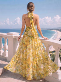 A-Line/Princess Evening Dresses Printed Chiffon Halter Sleeveless Floor-length Sash Zipper Bowknot