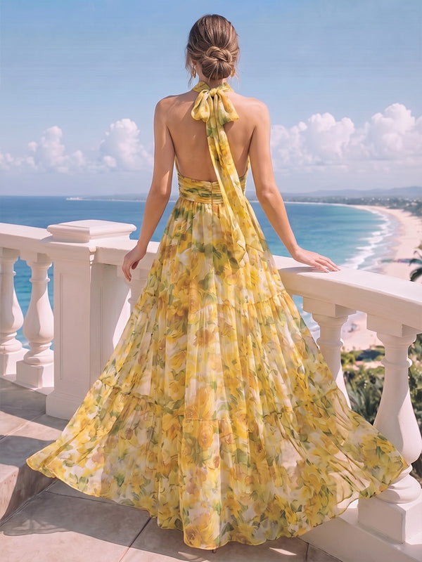 A-Line/Princess Evening Dresses Printed Chiffon Halter Sleeveless Floor-length Sash Zipper Bowknot