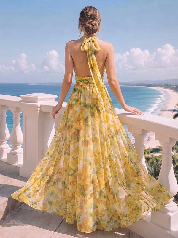 A-Line/Princess Evening Dresses Printed Chiffon Halter Sleeveless Floor-length Sash Zipper Bowknot