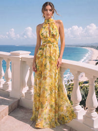 A-Line/Princess Evening Dresses Printed Chiffon Halter Sleeveless Floor-length Sash Zipper Bowknot