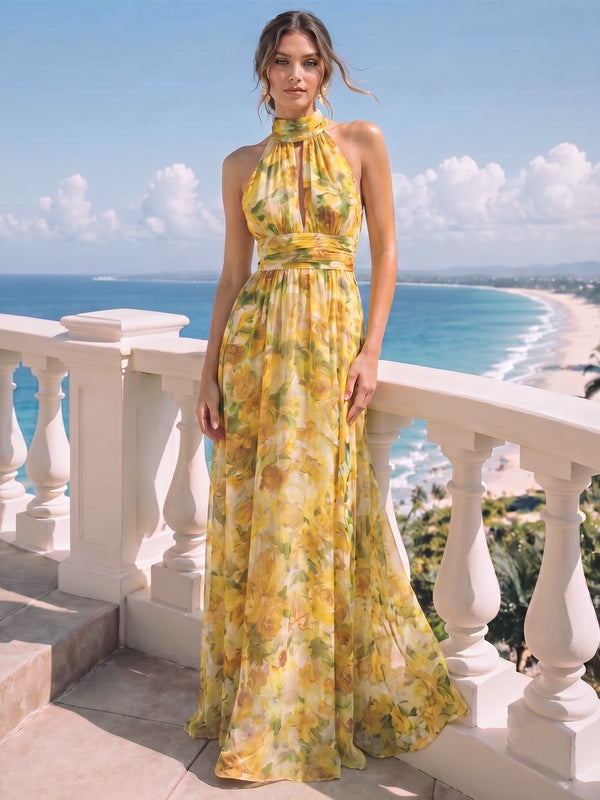 A-Line/Princess Evening Dresses Printed Chiffon Halter Sleeveless Floor-length Sash Zipper Bowknot