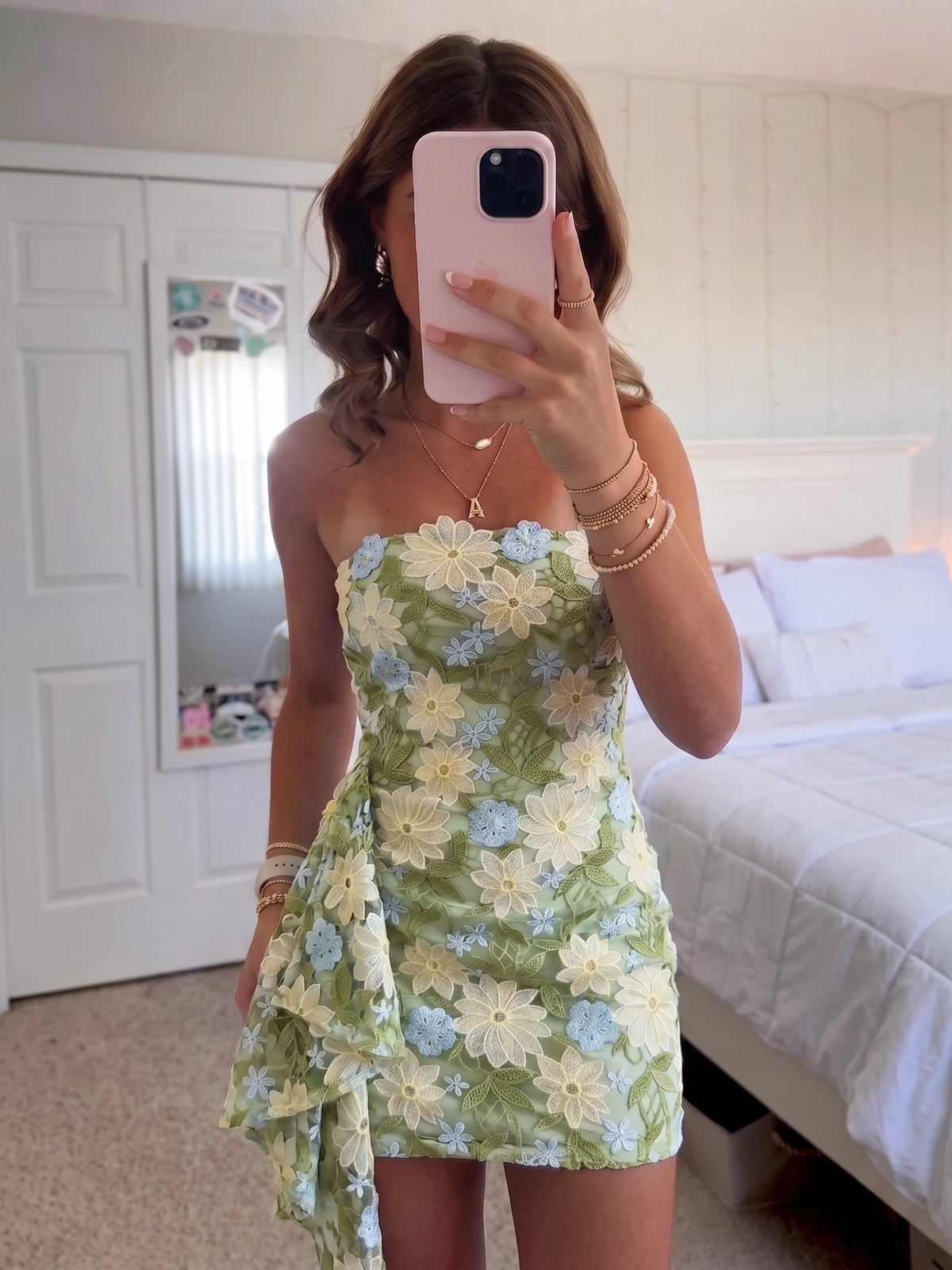Sheath/Column Homecoming Dresses Floral Embroidery Short Sleeveless Strapless Zipper Up Summer Party Dresses With Ruffles Drape