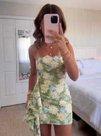 Sheath/Column Homecoming Dresses Floral Embroidery Short Sleeveless Strapless Zipper Up Summer Party Dresses With Ruffles Drape
