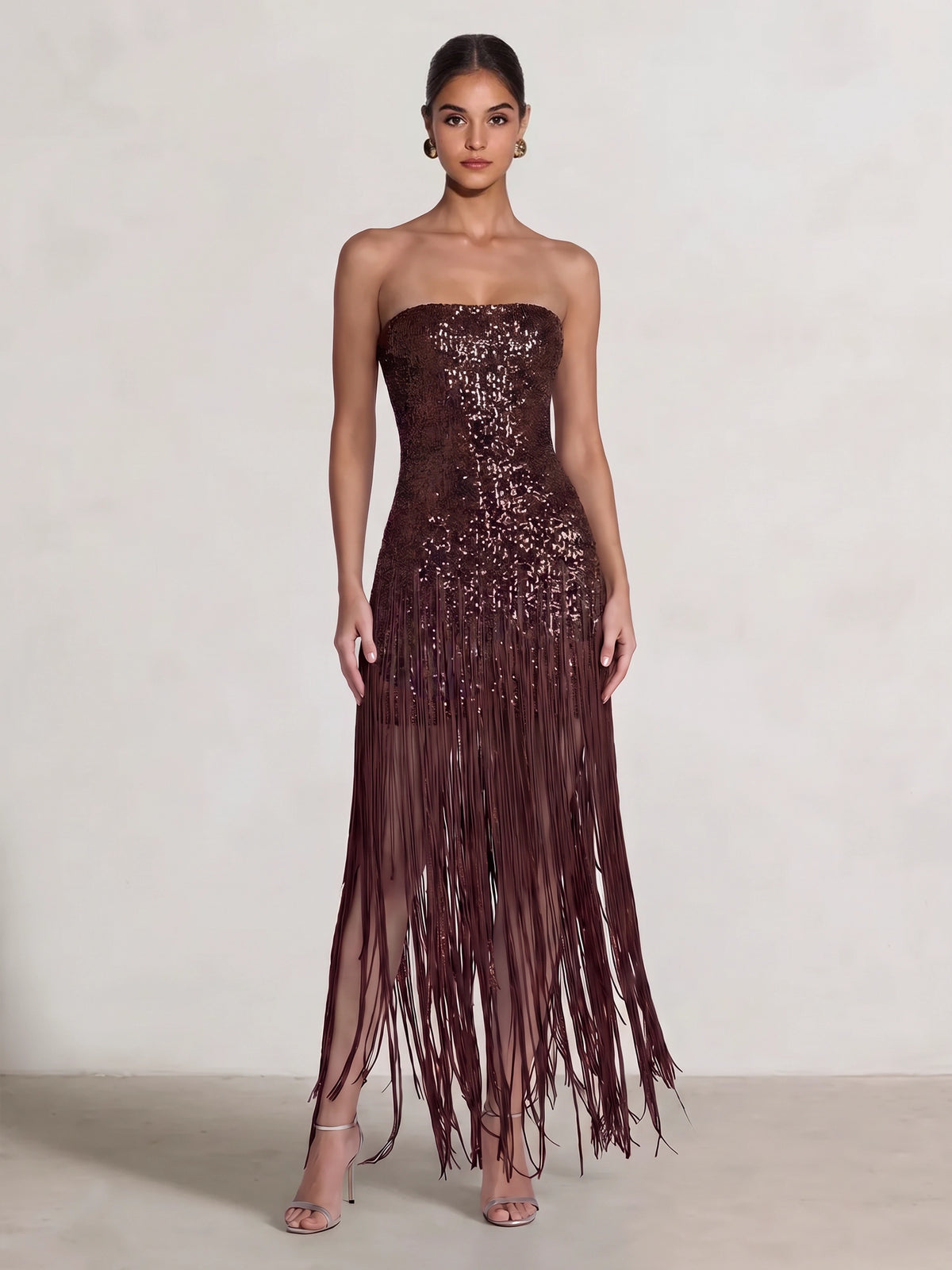 Sheath/Column Party Evening Dresses Chocolate Sequins Strapless Fringe Ankle Length Sleeveless Brown Sparkly Formal Wedding Guest Dress