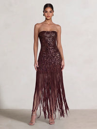 Sheath/Column Party Evening Dresses Chocolate Sequins Strapless Fringe Ankle Length Sleeveless Brown Sparkly Formal Wedding Guest Dress