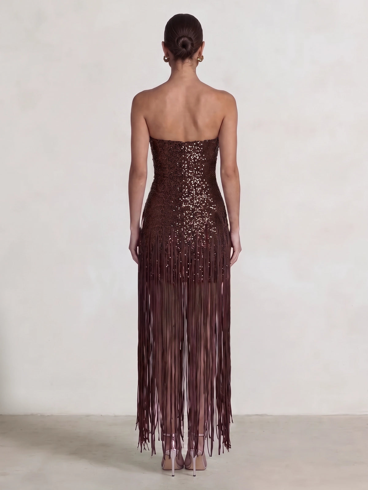 Sheath/Column Party Evening Dresses Chocolate Sequins Strapless Fringe Ankle Length Sleeveless Brown Sparkly Formal Wedding Guest Dress