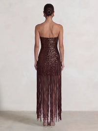 Sheath/Column Party Evening Dresses Chocolate Sequins Strapless Fringe Ankle Length Sleeveless Brown Sparkly Formal Wedding Guest Dress