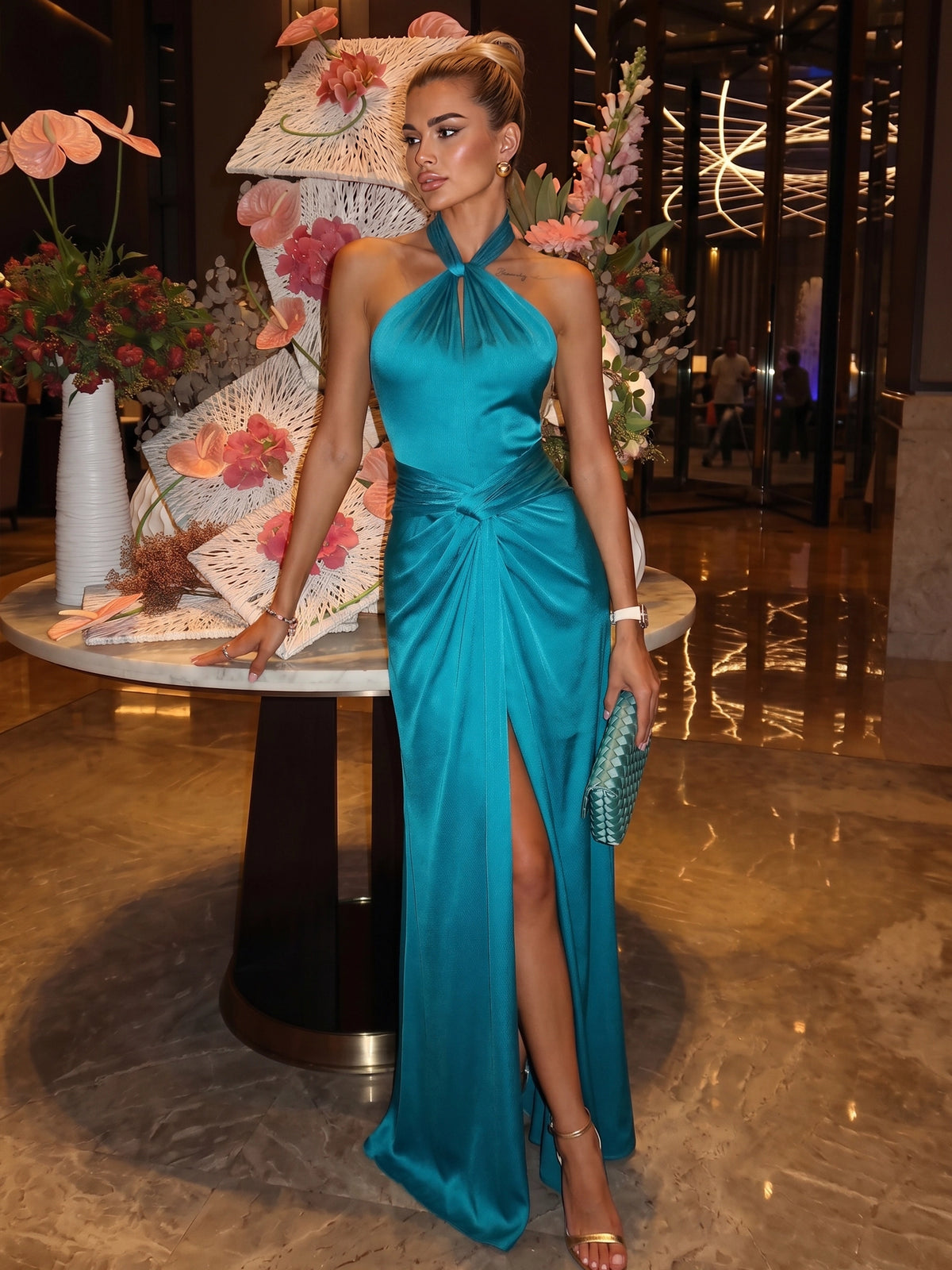 Nafori Peacock Sheath/Column Evening Dresses Satin Halter Sleeveless Floor-Length Knotted Waist High Slit Wedding Guest Dresses 2026