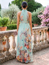 A-Line/Princess Mother Of The Bride Dresses Printed Chiffon Halter Sleeveless Floor-length Tiered Ruffles Covered Button With Zipper