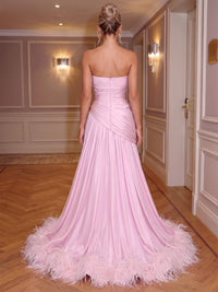 A-Line/Princess Evening Dresses Satin Strapless Sleeveless Floor-Length Feather Ruched Pleated Zipper Formal Dresses Wedding Guest