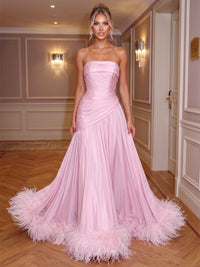 A-Line/Princess Evening Dresses Satin Strapless Sleeveless Floor-Length Feather Ruched Pleated Zipper Formal Dresses Wedding Guest
