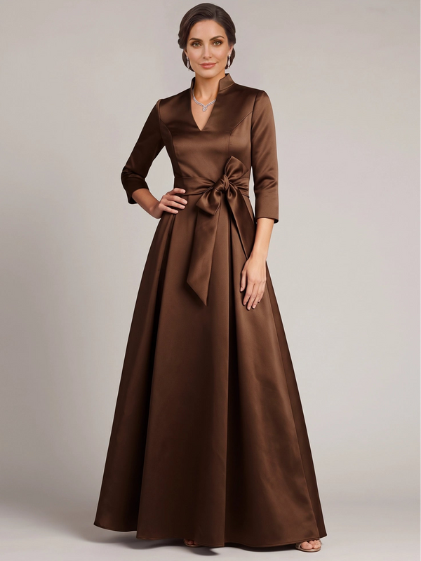 A-Line Mother Of The Bride Dresses Elegant Satin V Neck Brown Long Sleeves Floor Length Wedding Guest Dress