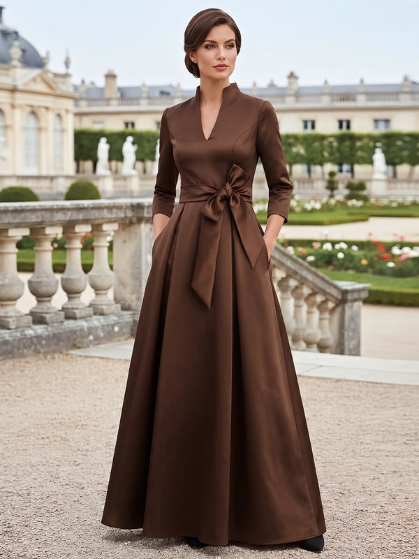 A-Line Mother Of The Bride Dresses Elegant Satin V Neck Brown Long Sleeves Floor Length Wedding Guest Dress