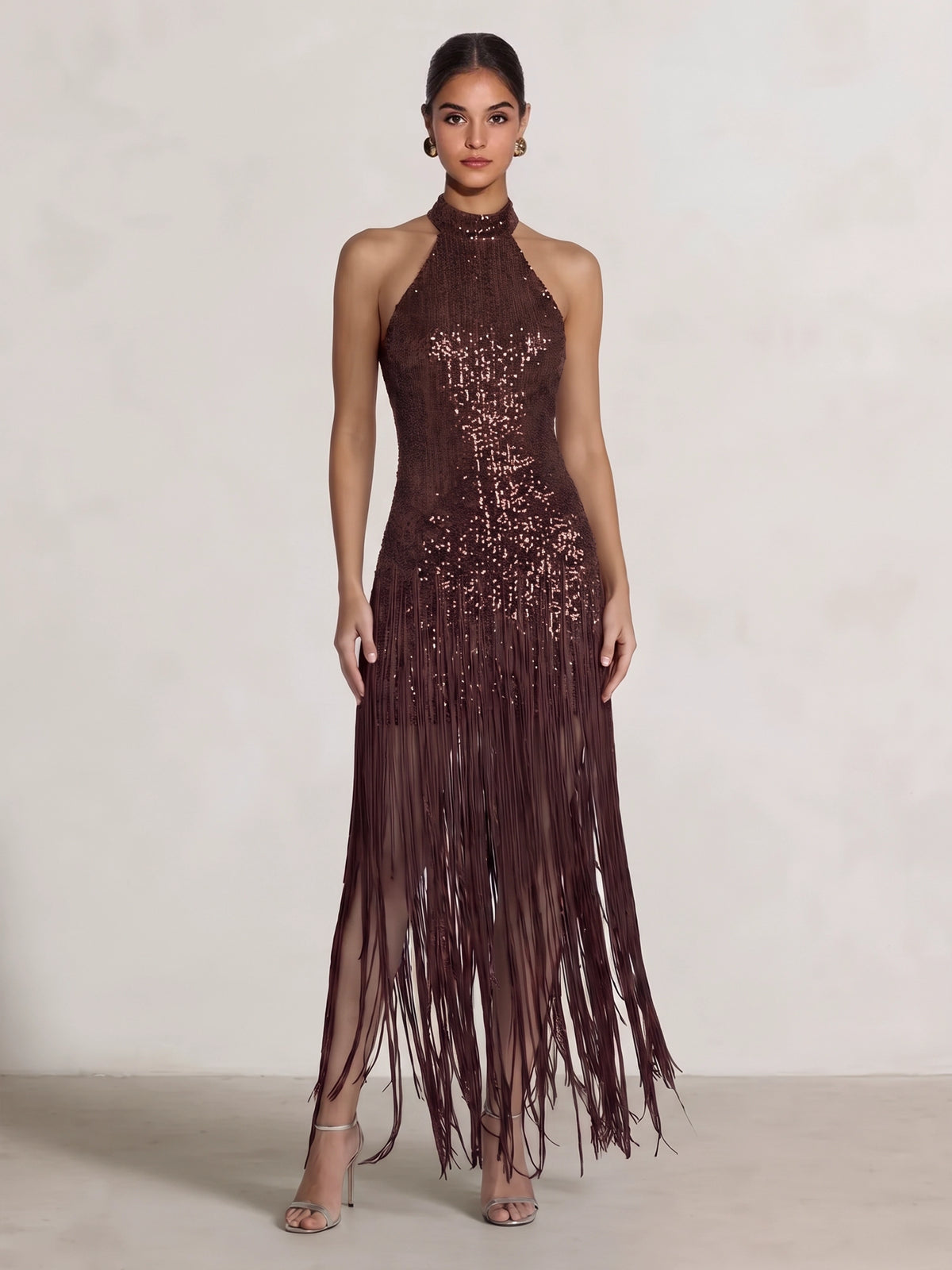 Sheath/Column Party Evening Dresses Chocolate Sequins Halter Neck Fringe Ankle Length Sleeveless Brown Sparkly Formal Wedding Guest Dress