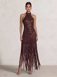 Sheath/Column Party Evening Dresses Chocolate Sequins Halter Neck Fringe Ankle Length Sleeveless Brown Sparkly Formal Wedding Guest Dress
