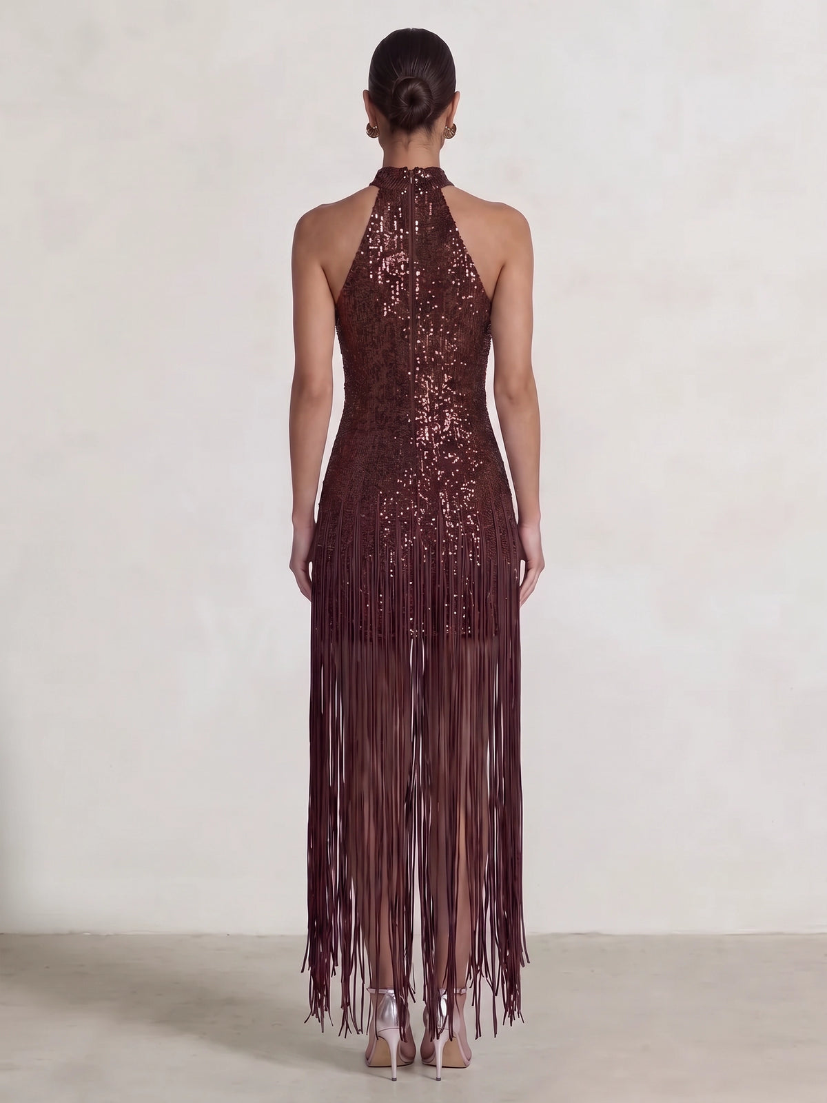 Sheath/Column Party Evening Dresses Chocolate Sequins Halter Neck Fringe Ankle Length Sleeveless Brown Sparkly Formal Wedding Guest Dress
