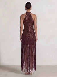 Sheath/Column Party Evening Dresses Chocolate Sequins Halter Neck Fringe Ankle Length Sleeveless Brown Sparkly Formal Wedding Guest Dress