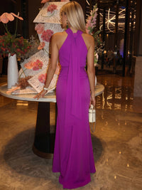 Sheath/Column Evening Dresses Satin Halter Sleeveless Floor-Length Ruched With Neck Sash Wedding Guest Dresses
