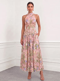 A-Line Cocktail Dresses Floral Embroidery Ankle-Length Halter Sleeveless With Pocket Elegant Dresses