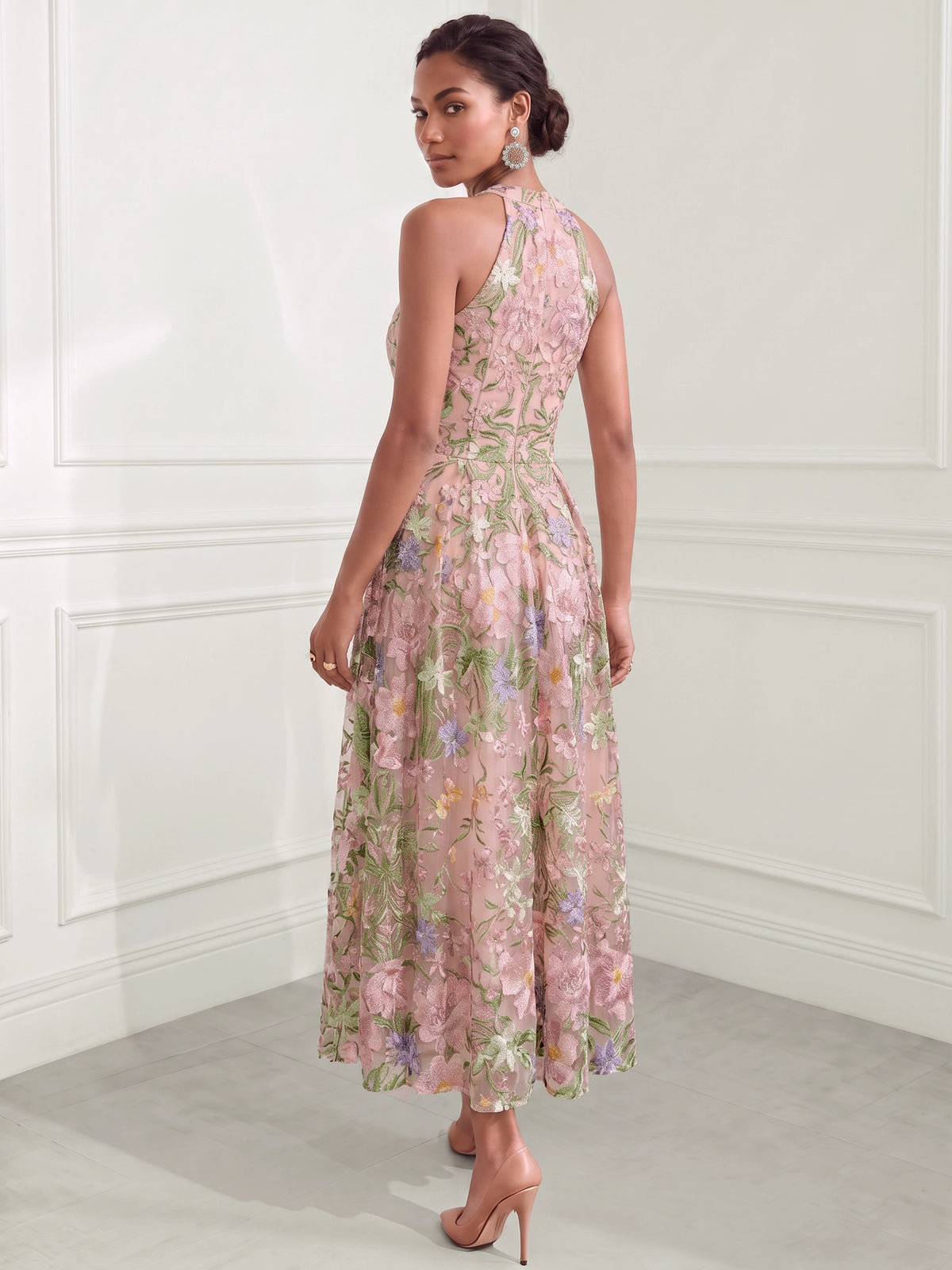 A-Line Cocktail Dresses Floral Embroidery Ankle-Length Halter Sleeveless With Pocket Elegant Dresses