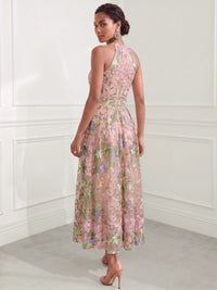 A-Line Cocktail Dresses Floral Embroidery Ankle-Length Halter Sleeveless With Pocket Elegant Dresses