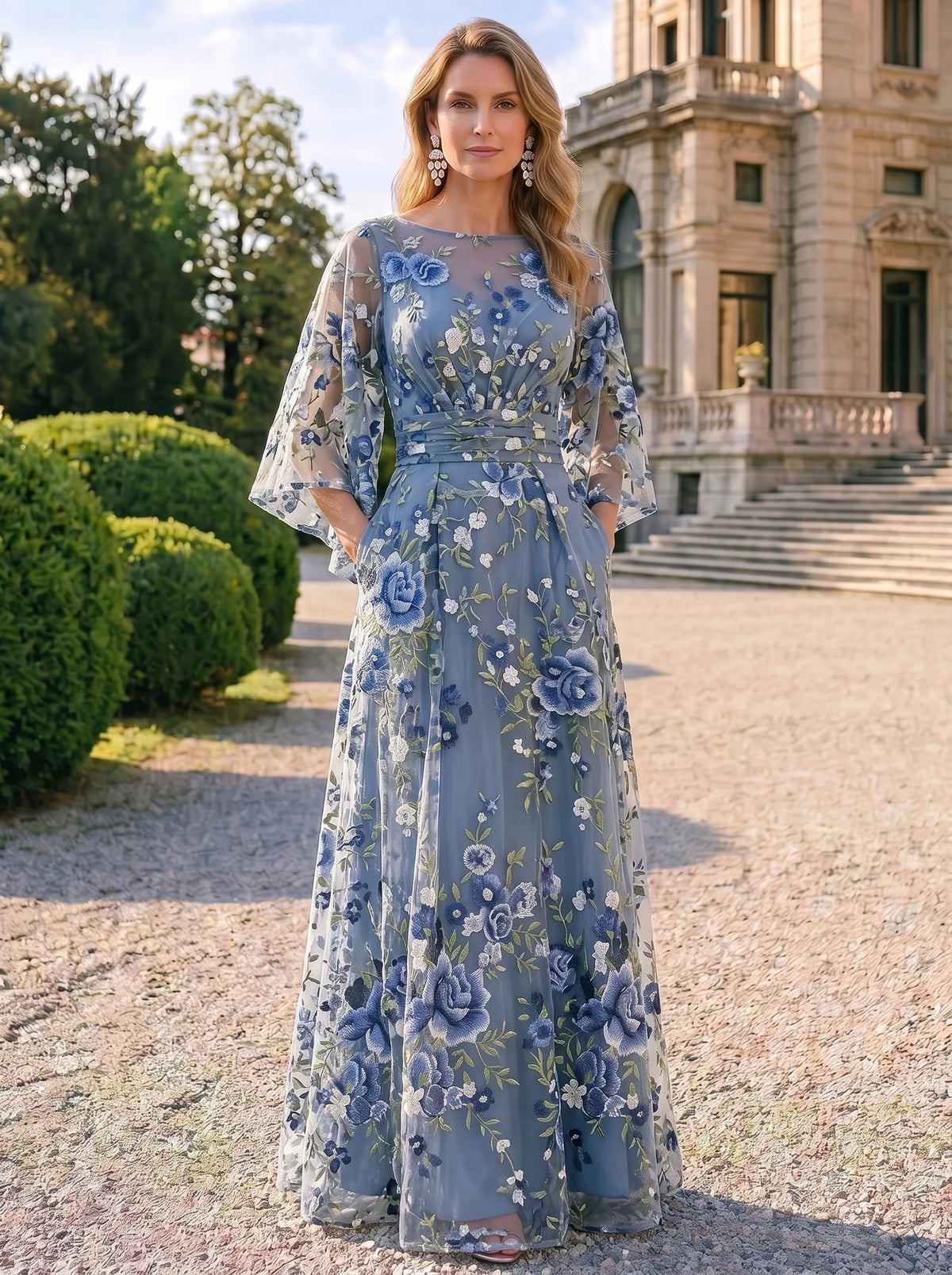 A-Line/Princess Mother of the Bride Dresses Boat Neck Loose Sleeves Floor-Length Embroidered Dresses Floral Dresses With Pocket Back Zipper