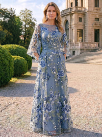 A-Line/Princess Mother of the Bride Dresses Boat Neck Loose Sleeves Floor-Length Embroidered Dresses Floral Dresses With Pocket Back Zipper