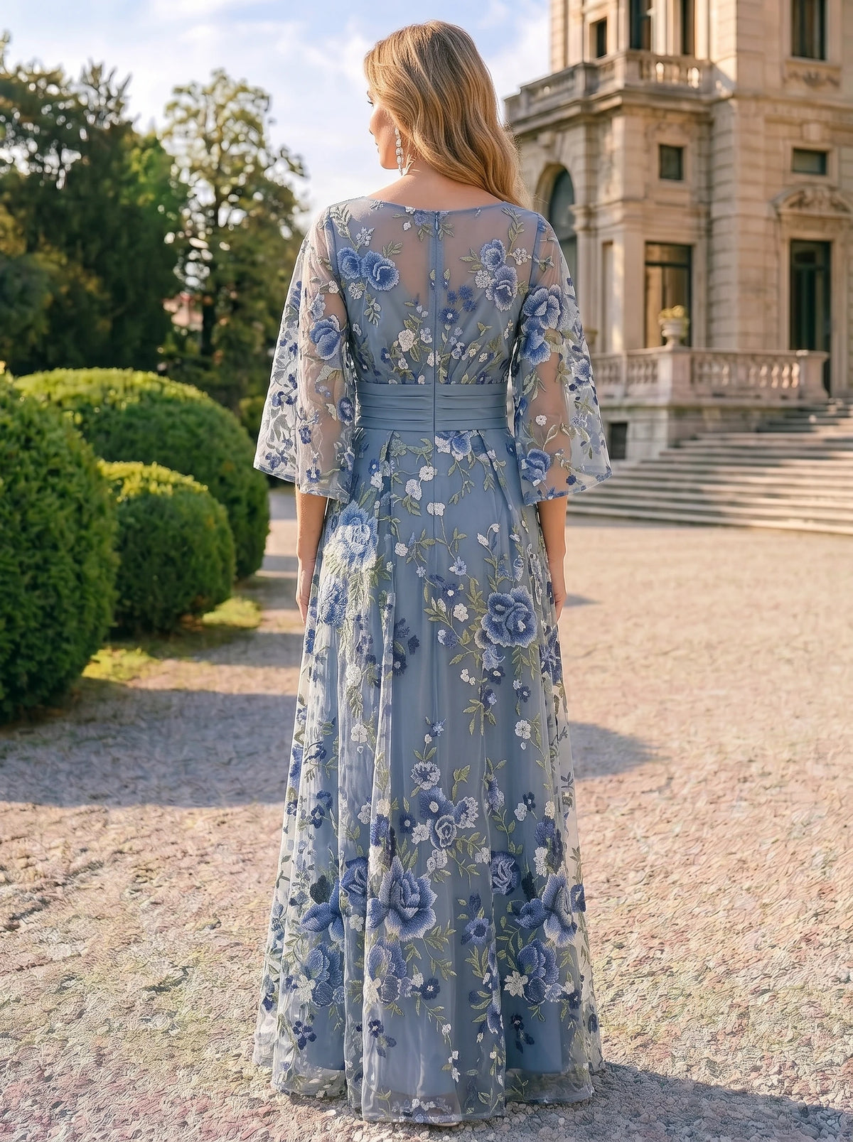 A-Line/Princess Mother of the Bride Dresses Boat Neck Loose Sleeves Floor-Length Embroidered Dresses Floral Dresses With Pocket Back Zipper